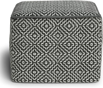 SIMPLIHOME Briella 18 Inch Boho Square Woven Outdoor/ Indoor Pouf in Grey and White Recycled PET Polyester, For the Living Room, Bedroom and Kids Room