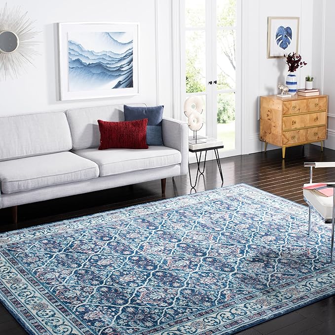 SAFAVIEH Brentwood Collection 8' x 10' Navy / Red BNT870N Oriental Damask Trellis Non-Shedding Living Room Bedroom Dining Home Office Area Rug