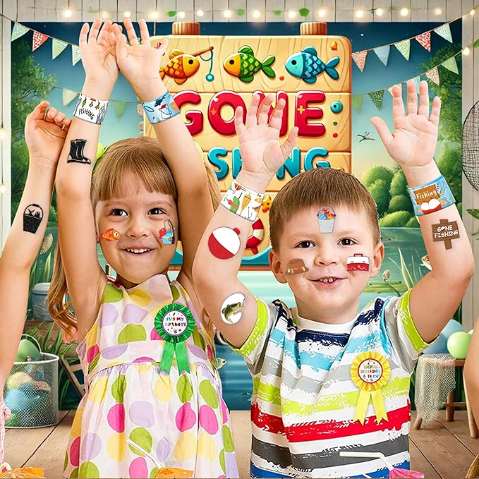 48PCS Gone Fishing Party Favors - 24PCS Tattoos & 24PCS Slap Bracelets - Fishing-Themed Birthday Supplies, Decorations, Classroom Prizes, Carnival Rewards, Gifts for Boys & Girls