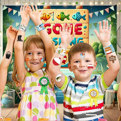 48PCS Gone Fishing Party Favors - 24PCS Tattoos & 24PCS Slap Bracelets - Fishing-Themed Birthday Supplies, Decorations, Classroom Prizes, Carnival Rewards, Gifts for Boys & Girls