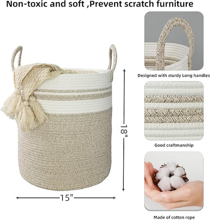 XUANGUO Cotton Rope Laundry Basket Hamper for Clothes Woven Storage Basket for Living Room Bedroom Boho Tall Rope Baskets for Blanket Toys Pillow Towels Baby Nursery Hamper Bin Large brown and white