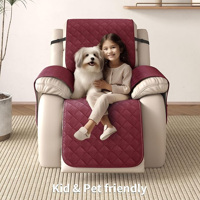 CHUN YI Recliner Chair Cover, Non-Slip Recliner Covers That Stay in Place, Washable Lazy Boy Recliner Covers with Pockets, Water Resistant Recliner Slipcover for Pets (Wine, Small Recliner)