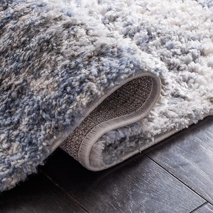 SAFAVIEH Berber Shag Collection Runner Rug - 2' x 8', Ivory & Blue, Modern Abstract Design, Non-Shedding & Easy Care, 1.2-inch Thick Ideal for High Traffic Areas in Living Room, Bedroom (BER274B)