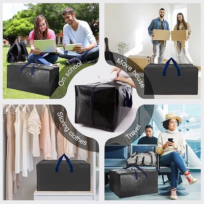 VELVETSURE Heavy Duty Extra Large Moving Bags W/Backpack Straps - Strong Handles & Zippers, Storage Totes For Space Saving, Fold Flat, Alternative to Moving Box and Storage Bin (Set of 6, Black)