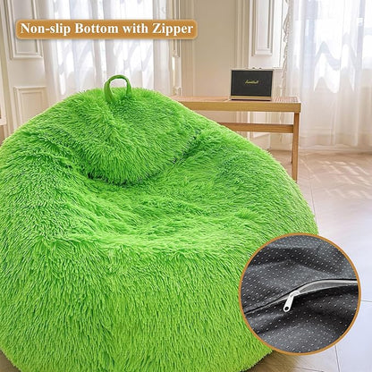 XeGe Fluffy Stuffed Animal Storage Bean Bag Chair Cover(No Filler), Faux Fur Washable Soft Bean Bag Cover for Plush Toys or Textile, Plush Shaggy Large Bean Bag for Adults Kids Teens, Lime Green