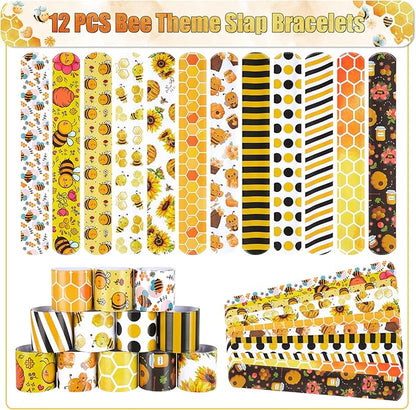 Erweicet Bee Party Favors 72 PCS Cute Bee Slap Bracelets DIY Stickers Honeycomb Temporary Tattoos Keychain Plastic Straws Gift Bags for Bee Day Theme Kids Birthday Party Baby Shower Party Supplies