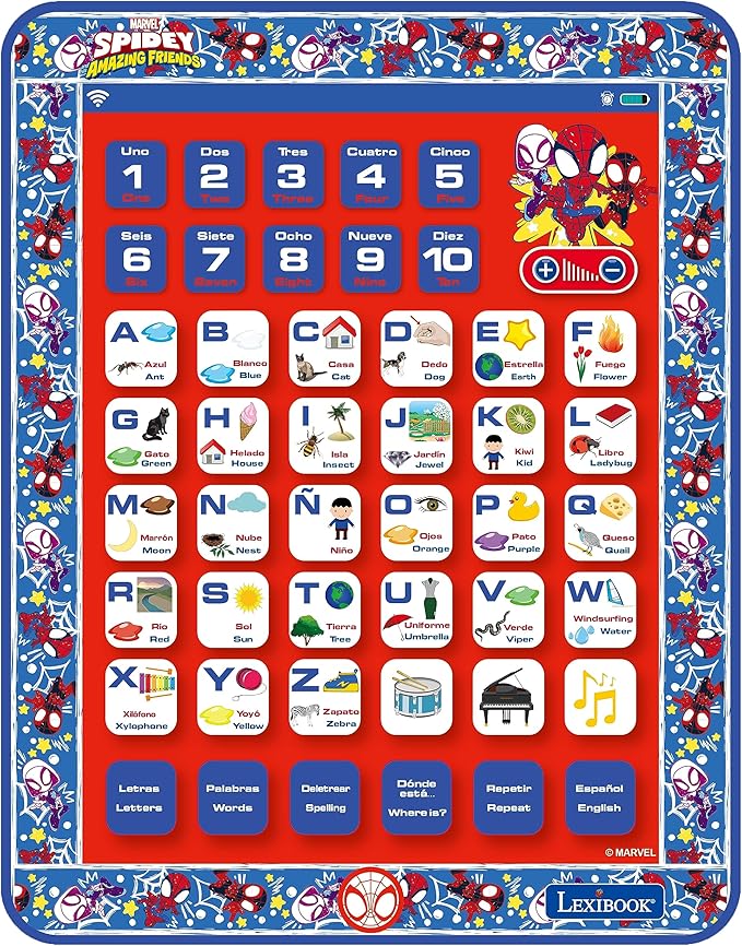 LEXiBOOK, Spidey and his Amazing Friends, Bilingual Learning Tablet - English/Spanish - Toy to Learn to Count, Vocabulary and Make Music, JCPAD002SPi2