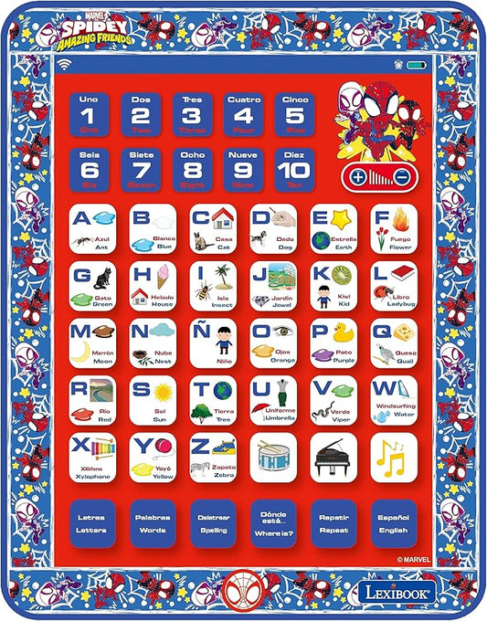 LEXiBOOK, Spidey and his Amazing Friends, Bilingual Learning Tablet - English/Spanish - Toy to Learn to Count, Vocabulary and Make Music, JCPAD002SPi2