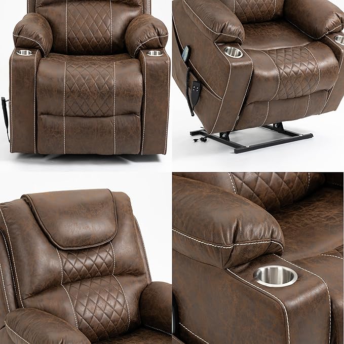 FANYE Electric Power Lift Chair for Elderly W/Massage and Heat, Infinite Positions 2 Remote Controllers Oversized Faux Leather Upholstered Recliner & Armchair W/Side Pockets & Cup Holders, Brown