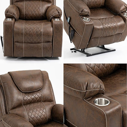 FANYE Electric Power Lift Chair for Elderly W/Massage and Heat, Infinite Positions 2 Remote Controllers Oversized Faux Leather Upholstered Recliner & Armchair W/Side Pockets & Cup Holders, Brown