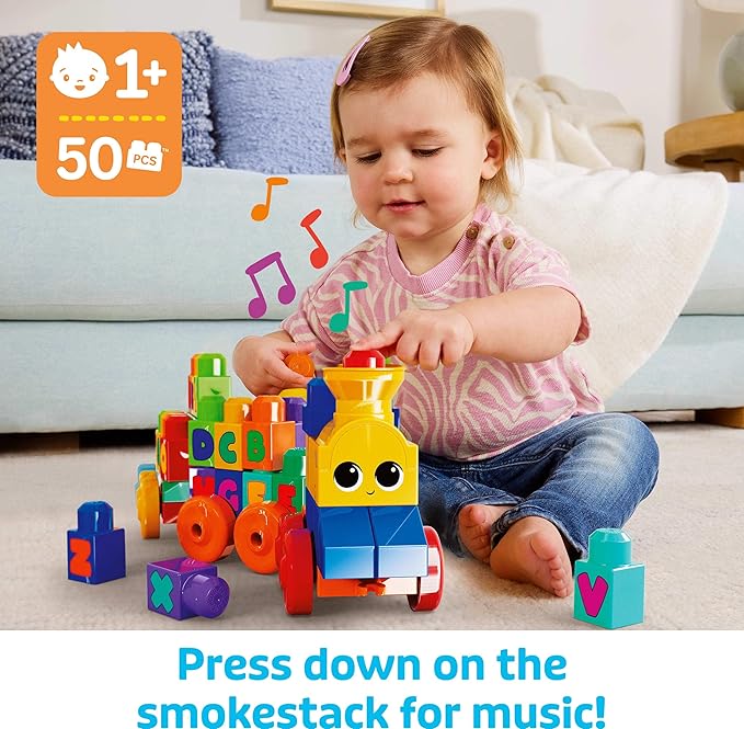 MEGA BLOKS First Builders Toddler Building Blocks Toy Set, ABC Musical Train with 50 Pieces, Music and Sounds, Ages 1+ Years