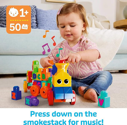 MEGA BLOKS First Builders Toddler Building Blocks Toy Set, ABC Musical Train with 50 Pieces, Music and Sounds, Ages 1+ Years