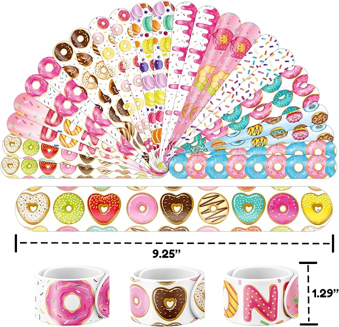 48PCS Donut Party Favors - 24PCS Tattoos & 24PCS Slap Bracelets - Birthday Supplies, Decorations, Gifts, Classroom Prizes, Carnival Rewards, Christmas Treats for Boys & Girls