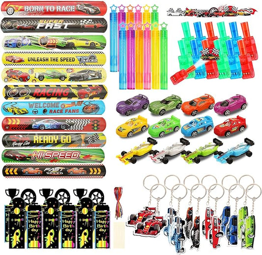 108PCS Race Car Party Favors Birthday Party Supplies includes Pull Back Car Finger Light Scratch Art Bookmark Slap Bracelet Race Car Themed Decorations Treasure Prize Box Toys for Boys Girls