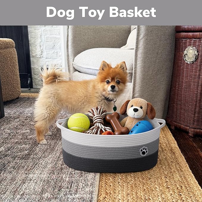 Large Dog Toy Basket, 19.7" X 11" X 7.9" Woven Baskets for Dog Cat Storage, Toy Basket with Handles for Nursery, Living Room, Gift Baskets Empty for Baby Shower, Mixed-Gray