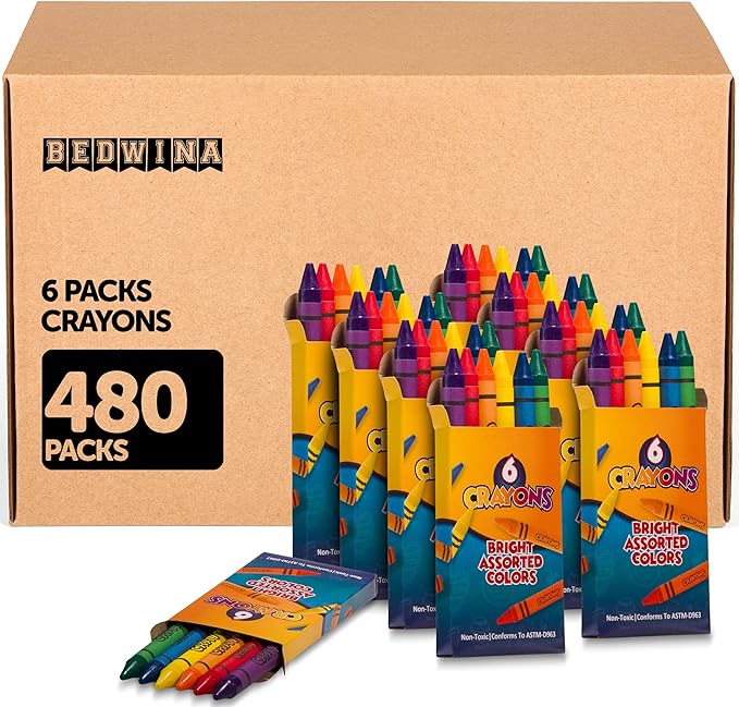 Bedwina Bulk Crayons Case of 480 6-packs Total 2880 Color Crayon Bulk School Supplies For Kids & Toddler, Teachers & Classroom, Nontoxic Travel Crayons Party Favors, Restaurants, Goody Bags Stuffers
