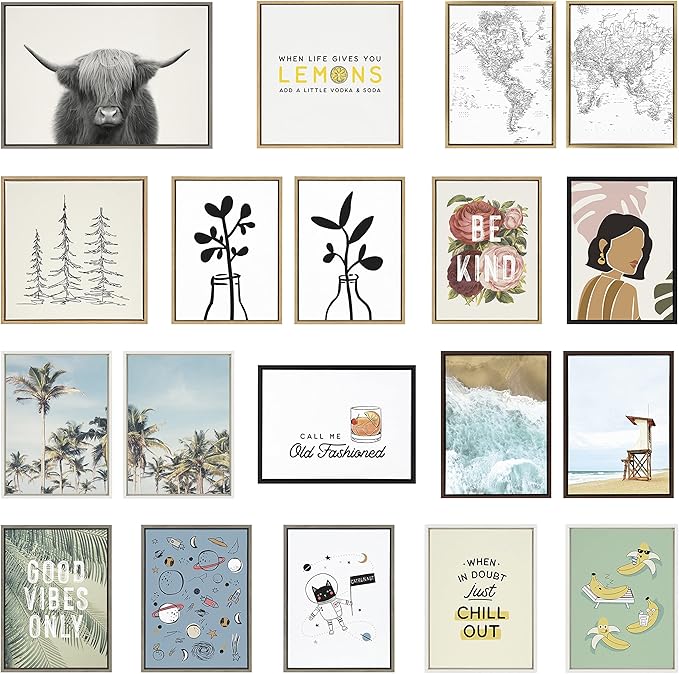 Kate and Laurel Sylvie Highland Cow Mountain Landscape Vertical BW Framed Canvas Wall Art by The Creative Bunch Studio, 18x40 Natural, Decorative Farmhouse Art for Wall