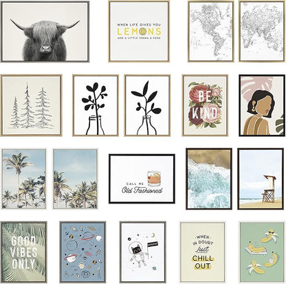 Kate and Laurel Sylvie Highland Cow Mountain Landscape Vertical BW Framed Canvas Wall Art by The Creative Bunch Studio, 18x40 Natural, Decorative Farmhouse Art for Wall