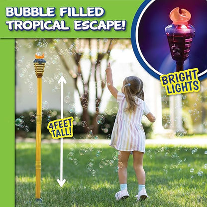 Tiki Torch Bubbler - Summer Pool Party Bubble Machine with Lights and Music, Bubble Blower and Wand, Rechargeable Outdoor Toy for Kids Teens Birthday Party, 4 Feet Tall, Includes 4oz Bubble Solution