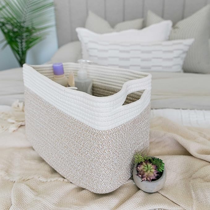 OrganiHaus Rope Baskets for Shelves - Set of 3 Woven Storage Baskets for Organizing, Closet & Toy Storage - Light Honey/Off-White - 15x9x10