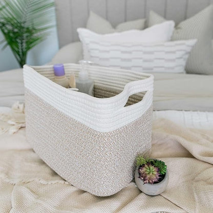 OrganiHaus Rope Baskets for Shelves - Set of 3 Woven Storage Baskets for Organizing, Closet & Toy Storage - Light Honey/Off-White - 15x9x10