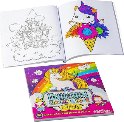 GirlZone Unicorn Coloring Book for Kids Ages 4+, Arts and Crafts Unicorn Coloring Books with 102 Fun Designs Like Fairies and Sea Animals for Teen Girls