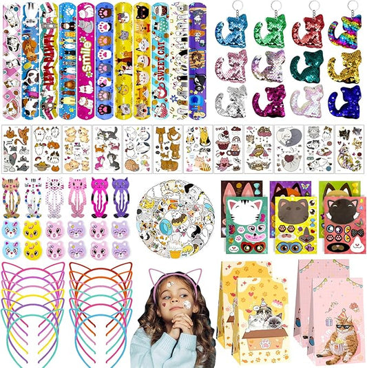 158Pcs Cat Party Favors Set with Cat Headband Keychains Tattoo Stickers Erasers Slap Bracelets Hairpin Goodie Bags Cat Party Supplies Cat Birthday Decorations Girl Party Favors