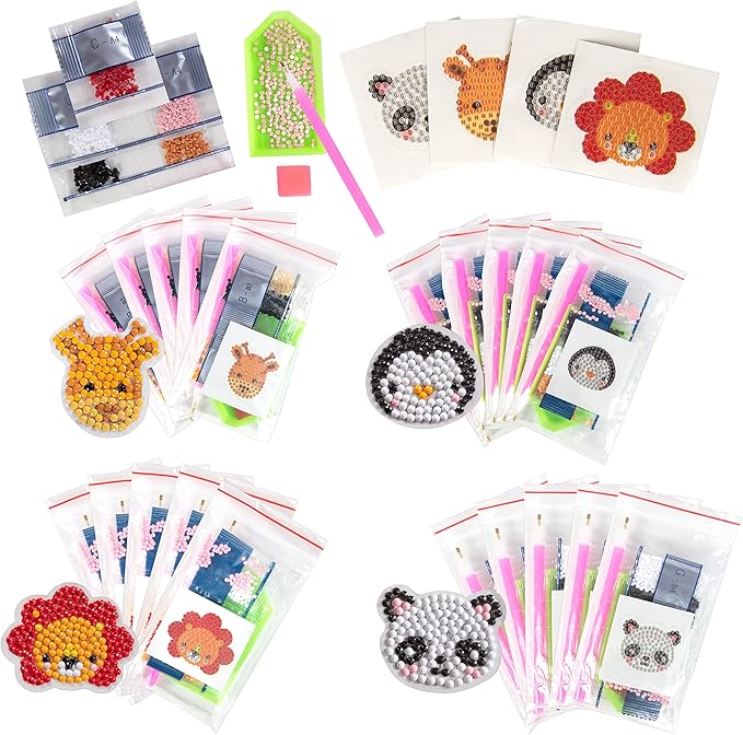 SCS Direct Kid's Birthday Party Diamond Gem Painting Craft Favor Kits -Zoo Buddies- 20 Individually Packaged, All-in-One Packs for Boys & Girls -Fun & Unique Gem Classroom Art Project Activity Gift