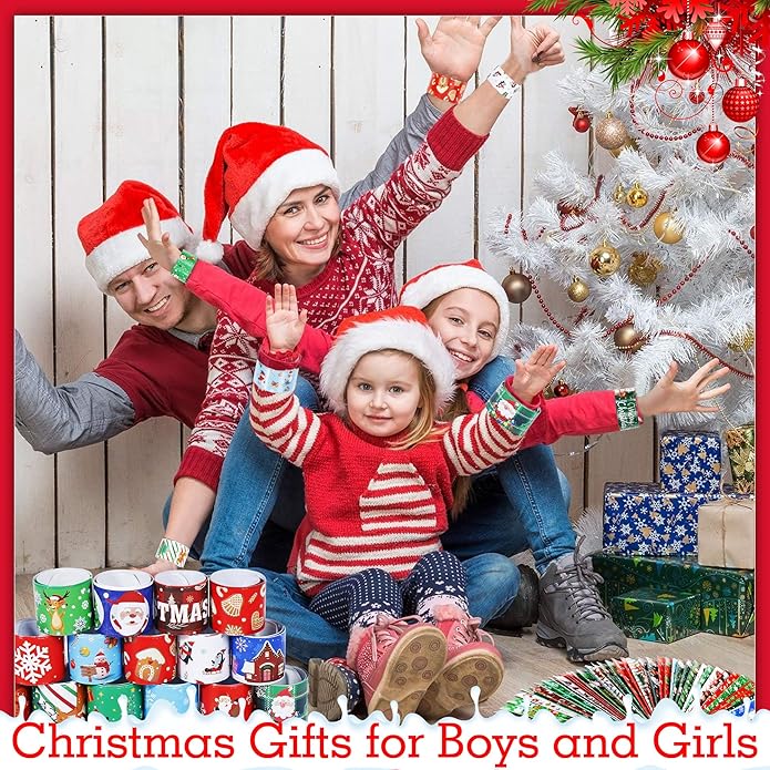 LUYI 60 PCS Christmas Slap Bracelets, Christmas Party Favors Toys for Kids Xmas Slap Wristbands Snap Bracelets Bulk for Christmas Stocking Stuffers Decoration Gifts Bag Filler