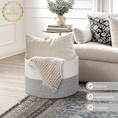 INDRESSME Large Blanket Basket, Laundry Toy Storage Baskets, Decorative Woven Basket for Living Room & Nursery, Baskets for Gifts Empty, Laundry, Dog Toys, Towels, Light Grey, 19.7" D x 12.6" H