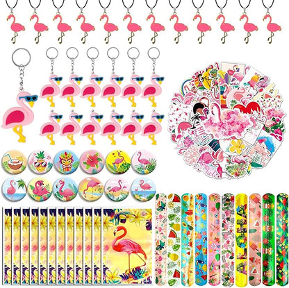 110 PCS Flamingo Party Favors Pink Flamingo Goodie Bags with Keychains, Stickers, Slap Bracelets, and Bags for Flamingo Themed Birthday Party Hawaiian Aloha Party