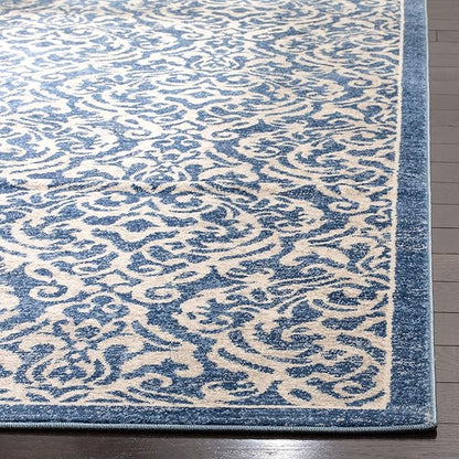 SAFAVIEH Brentwood Collection 2' x 12' Navy / Cream BNT810N Damask Non-Shedding Living Room Bedroom Runner Rug