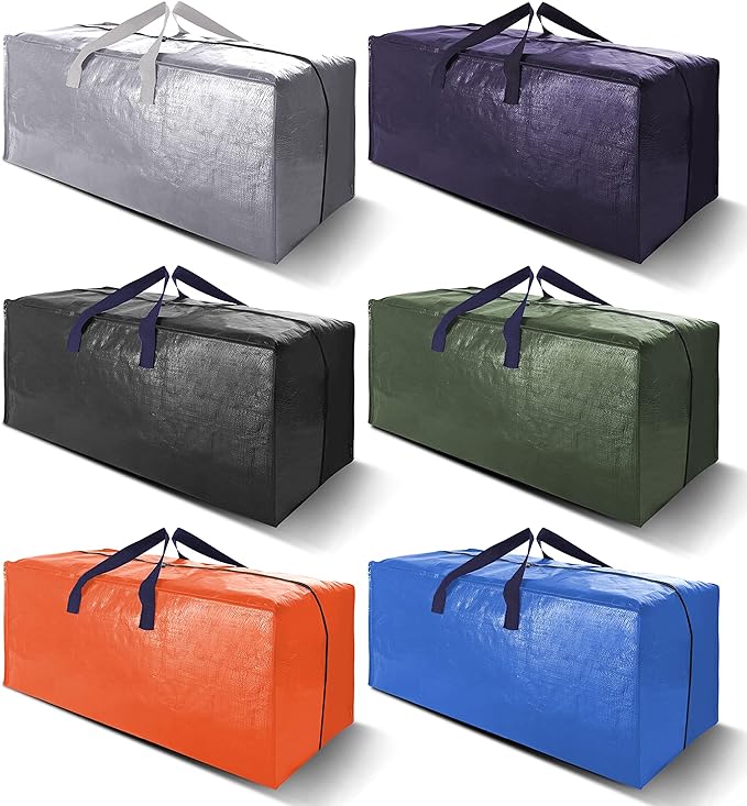 VELVETSURE Heavy Duty Extra Large Moving Bags W/Backpack Straps - Strong Handles & Zippers, Storage Totes For Space Saving, Fold Flat, Alternative to Box and Bin (Set of 6, Multicolor)