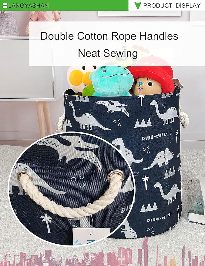 LANGYASHAN Laundry Basket Canvas Collapsible Organizer Storage Basket for Boys Girls Laundry Hamper Toy Bins Gift Baskets Bedroom Clothes Children Nursery (Blue Dinosaur)