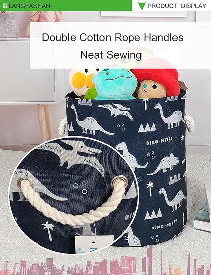 LANGYASHAN Laundry Basket Canvas Collapsible Organizer Storage Basket for Boys Girls Laundry Hamper Toy Bins Gift Baskets Bedroom Clothes Children Nursery (Blue Dinosaur)