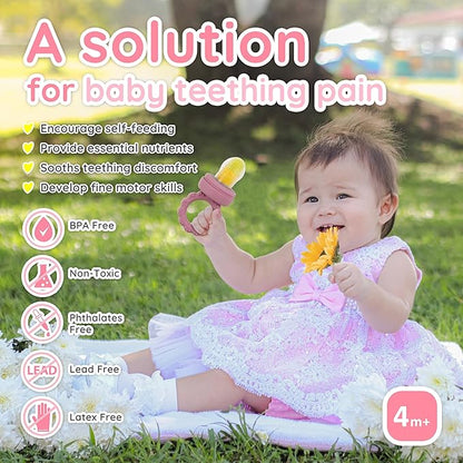 Baby Fruit Food Feeder & Mini Popsicle Ice Tray Set, BPA Free Silicone Baby Feeder for Safe Solid Food Feeding, Breastmilk Popsicle Molds for Cooling Relief, 4 Month+ (Lilac)