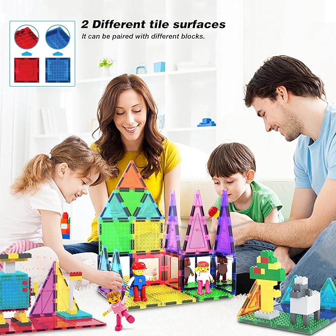 PicassoTiles 63 Pcs Magnetic Building Block Tiles with 2 Character Figures Construction Stacking STEM 3D Toy Set Creative Educational Learning Kit Magnet Montessori Playset for Kids & Toddlers Ages 3+