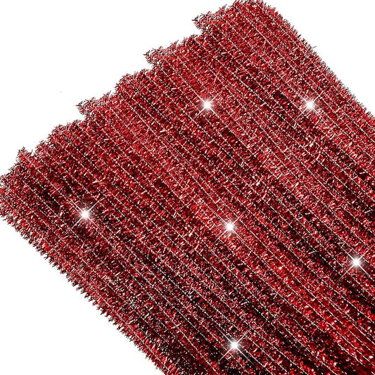 TOAOB 100pcs Christmas Glitter Pipe Cleaners Red Metallic Pipe Cleaners Craft Supplies 6mm x 12 Inch Chenille Stems Pipe Cleaners for Art DIY Crafts Decorations