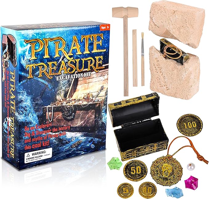 ArtCreativity Pirate Treasure Dig Kit for Kids - Gem Excavation Set with Digging Tools - Interactive Excavating Toys - Great Birthday Gift Idea, Contest Prize for Boys and Girls