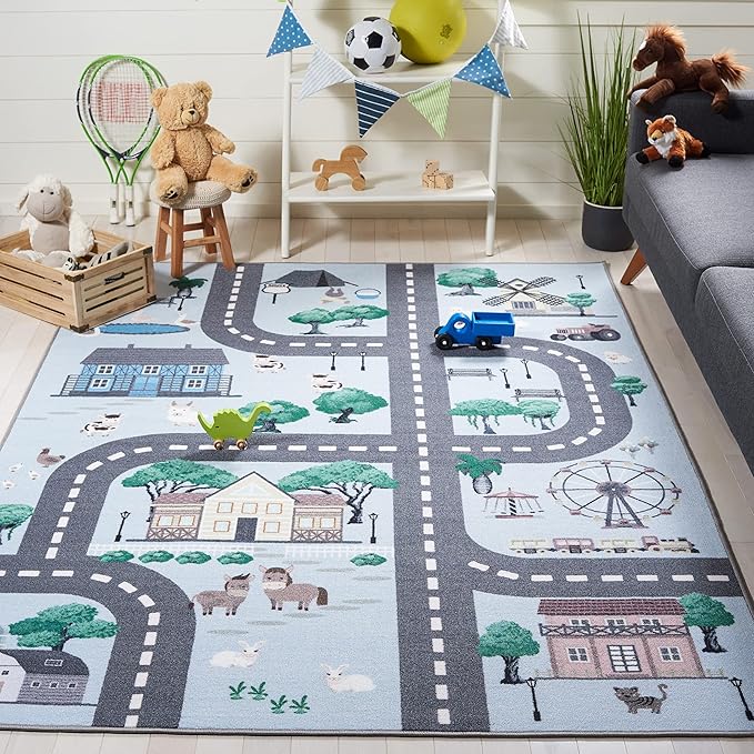 SAFAVIEH Kids Playhouse Collection Area Rug - 6'7" Square, Blue & Dark Grey, Machine Washable & Slip Resistant, Village Road Design, Ideal for Kids Bedroom, Playroom, Nursery (KPH235M-7SQ)