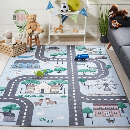 SAFAVIEH Kids Playhouse Collection Area Rug - 6'7" Square, Blue & Dark Grey, Machine Washable & Slip Resistant, Village Road Design, Ideal for Kids Bedroom, Playroom, Nursery (KPH235M-7SQ)