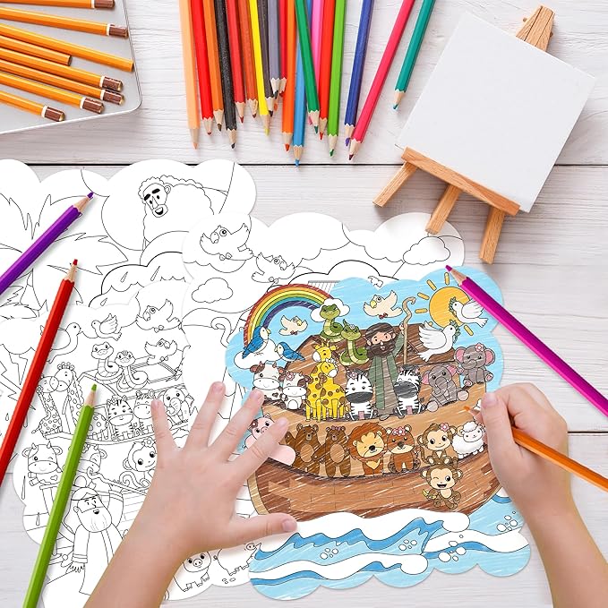 Dvbonike 24Pcs Sunday School Craft for Kids Color Your Own Noah Ark Card 4 Styles Religious Christian Coloring Cards with Biblical Scene Animal Drawing Party Gift VBS Home Classroom Decor Supplies