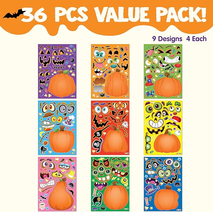 JOYIN 36 PCS Halloween Pumpkin Stickers, Halloween Party Favor for Kids, Art Crafts Party Supplies, Pumpkin Decorating Face Sticker Sheets with 9 Designs, Halloween Goodies Classroom Activities Games