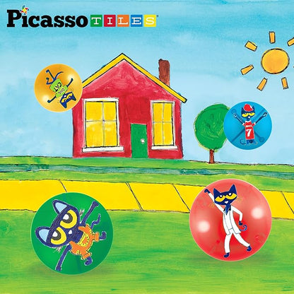 PicassoTiles Magnet Marble Run Tiles Pete The Cat Themed Character Marbles for Magnetic Building Block Construction Tile Maze Structures STEM Learning Pretend Play Fun Toys Girls Boys Ages 3+ PTG02