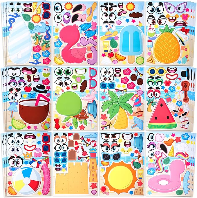 JOYIN 36 Pcs 9"x6" Summer Scene Make a face Stickers for Kids, Make Your Own Summer Sticker Sheets, Party Favors Kids Crafts, Goodie Bags Stuffers, Classroom Rewards