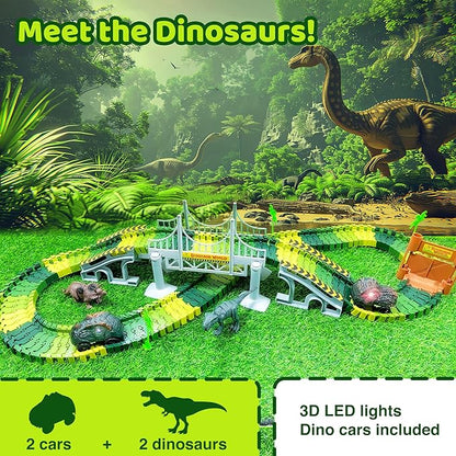 Dinosaur Race Track Toy Set -Dino Racetrack with 170 Total Pieces, Flexible Tracks, Dino Train for Kids Ages 3-7, Boys & Girls | Dinosaur Race Track, Dinosaur Track Toy Set Toddler Race Track