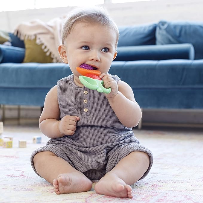 Infantino Lil' Nibbles Textured Silicone Teether -Sensory Exploration and Teething Relief with Easy to Hold Handles, Multicolor Fruit Kabob