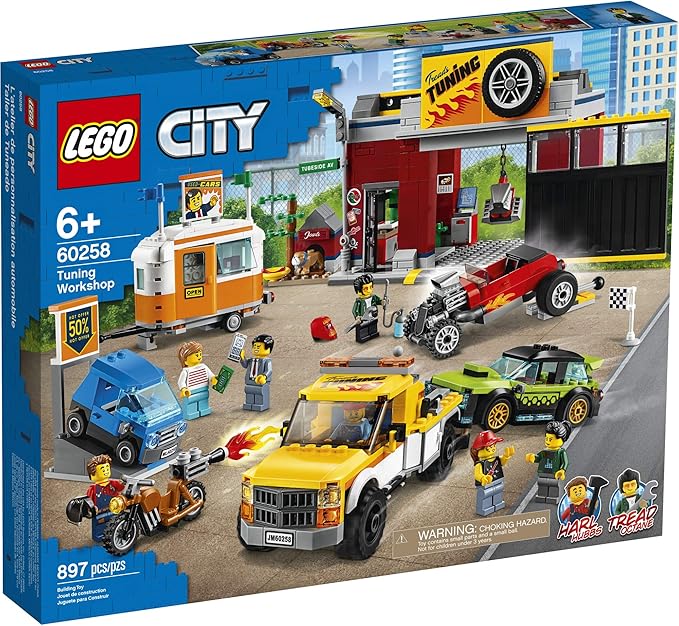 LEGO City Tuning Workshop 60258, Features a Toy Garage, Car Shop, Camping Trailer, Motorcycle, Crane and Tow Truck in One Fun Playset, Makes a Great Gift for Kids