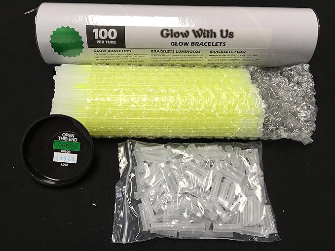 Glow Sticks Bulk Wholesale Bracelets, 100 8” Green Glow Stick Glow Bracelets, Bright Color, Glow 8-12 Hrs, 100 Connectors Included, Glow Party Favors Supplies, Sturdy Packaging, GlowWithUs Brand