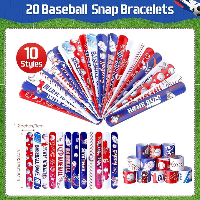 Jenaai 130 Pcs Baseball Party Favors Includes Baseballs Slap Bracelets Party Gift Bags Silicone Keychain Baseball Tattoo Baseball Stickers for Baseball Themed Sports Party Favors for Kids Students